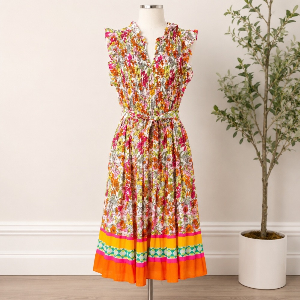 Emma & Michele Pleated‎ Floral Midi Dress M Multicolor Ruffle V-Neck Belted